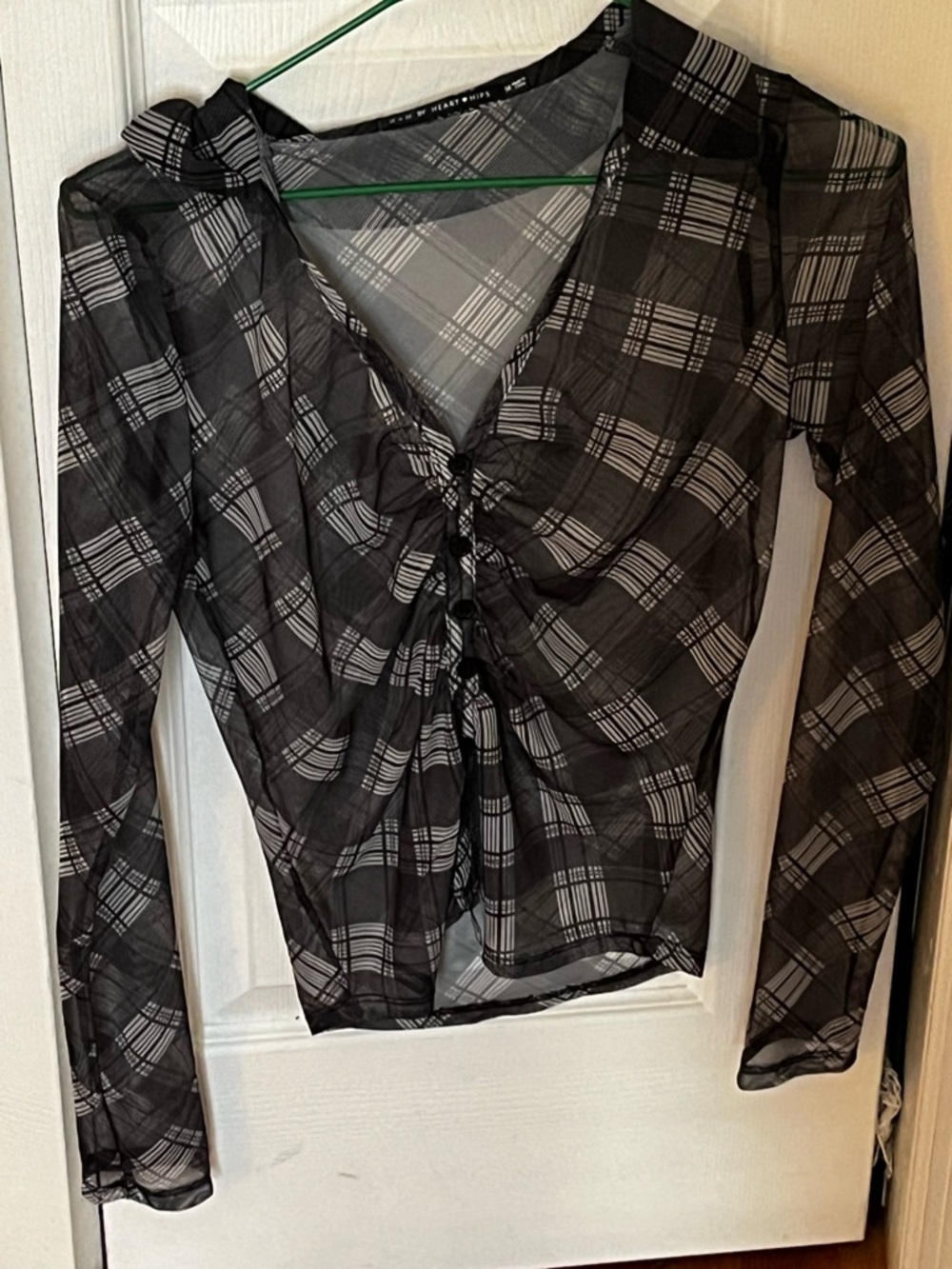 Sheer Plaid Twist-Front Long Sleeve Top - Black